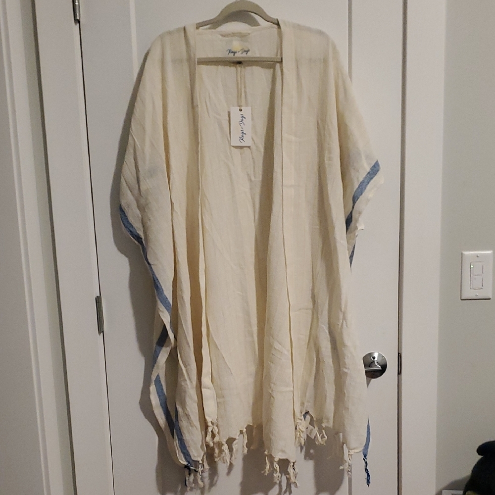 Cream and Blue Fringe Beach Wrap